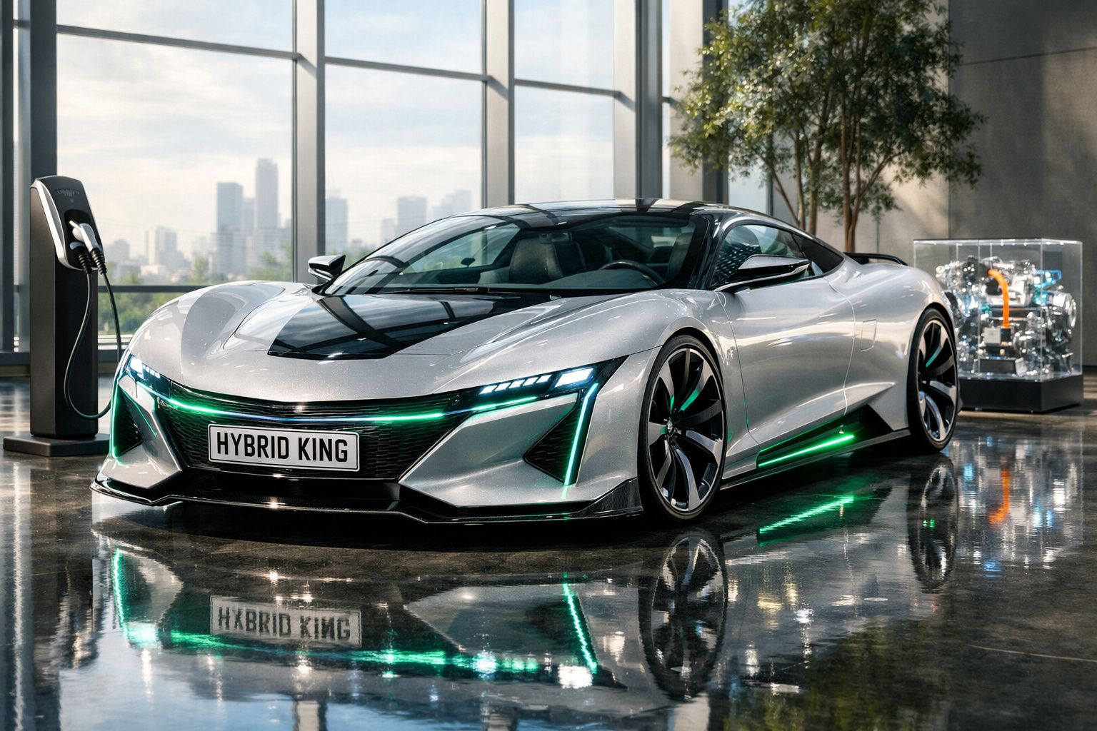 Carro desportivo elétrico prateado com luzes verdes, carregando numa estação em sala moderna com vista para a cidade.