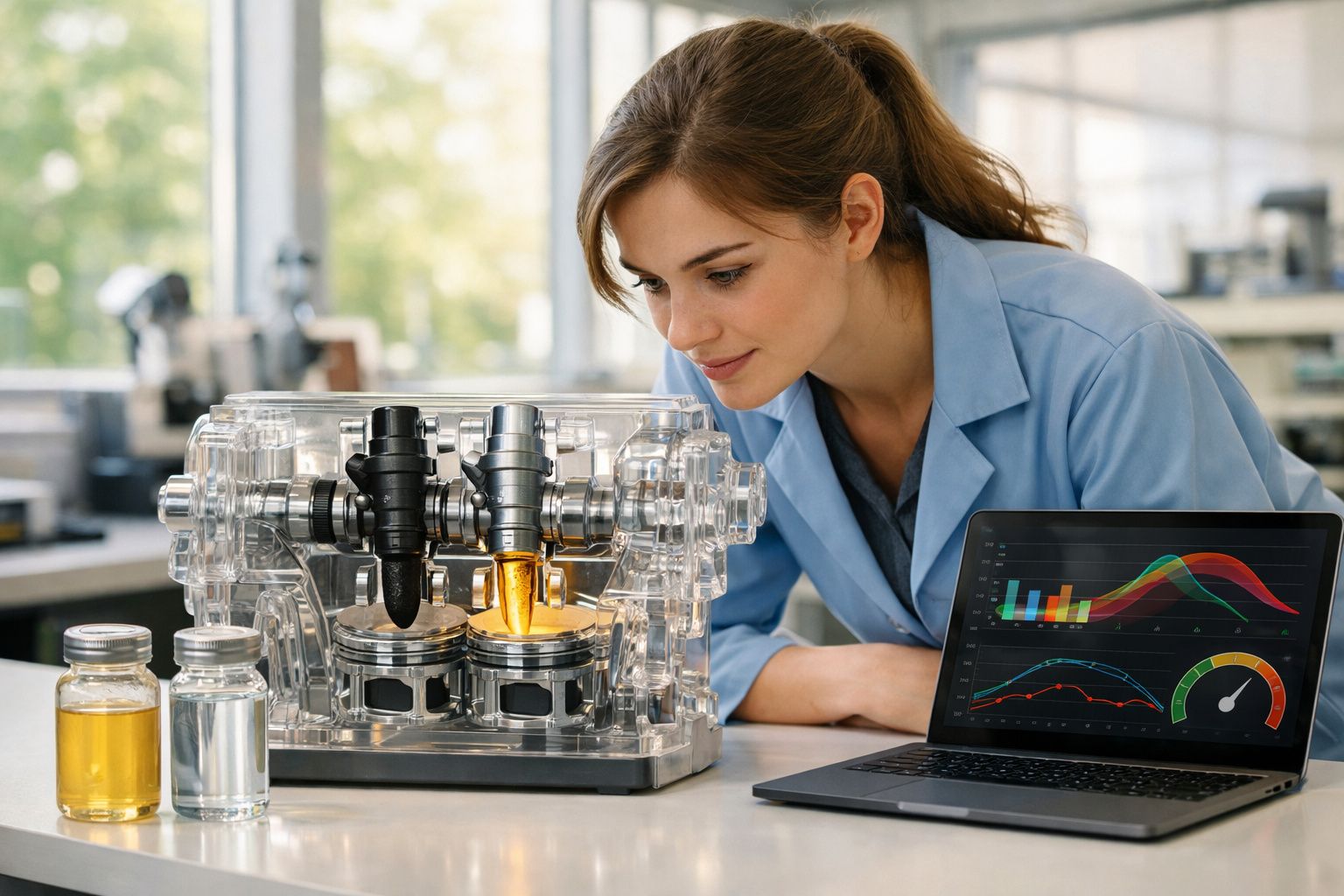 Mulher a analisar motor transparente com líquidos numa bancada ao lado de computador com gráficos de performance.