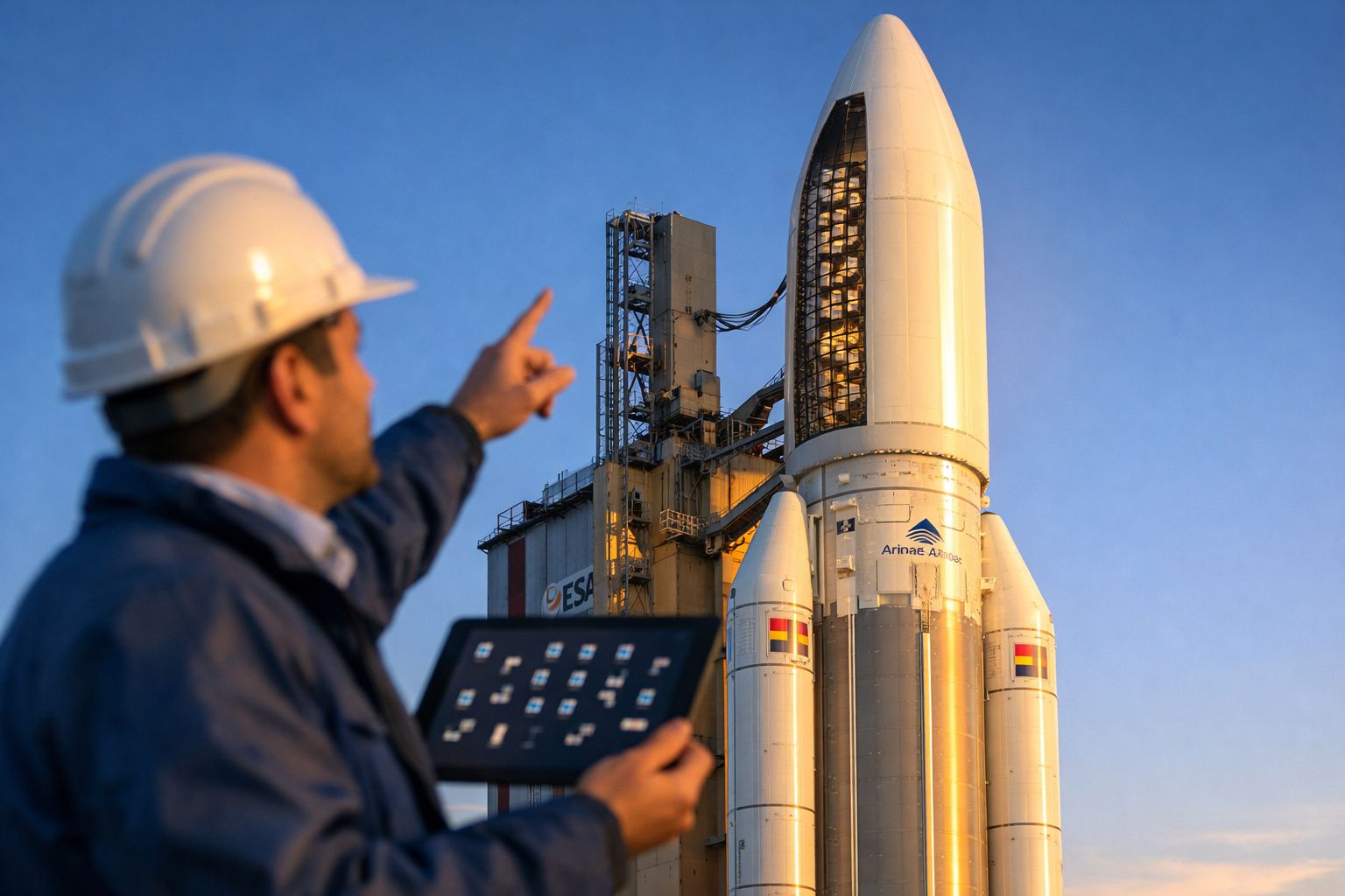 Homem com capacete apontando para foguete na plataforma de lançamento ao pôr do sol.