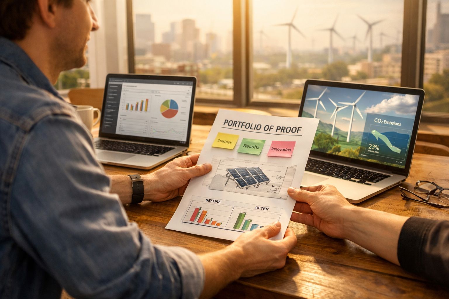 Duas pessoas analisam gráficos e dados sobre energia solar e emissões de CO2 em escritório com janelas grandes.