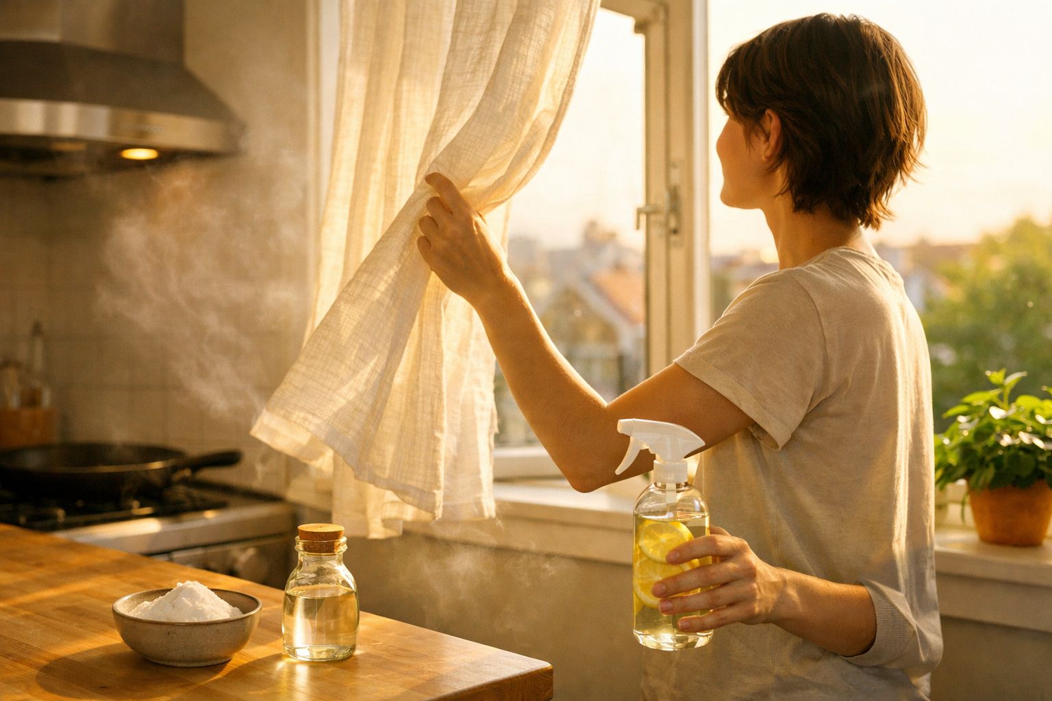 Pessoa a arejar a cozinha ao pôr a cortina e a segurar um frasco de spray com limão ao nascer do sol.