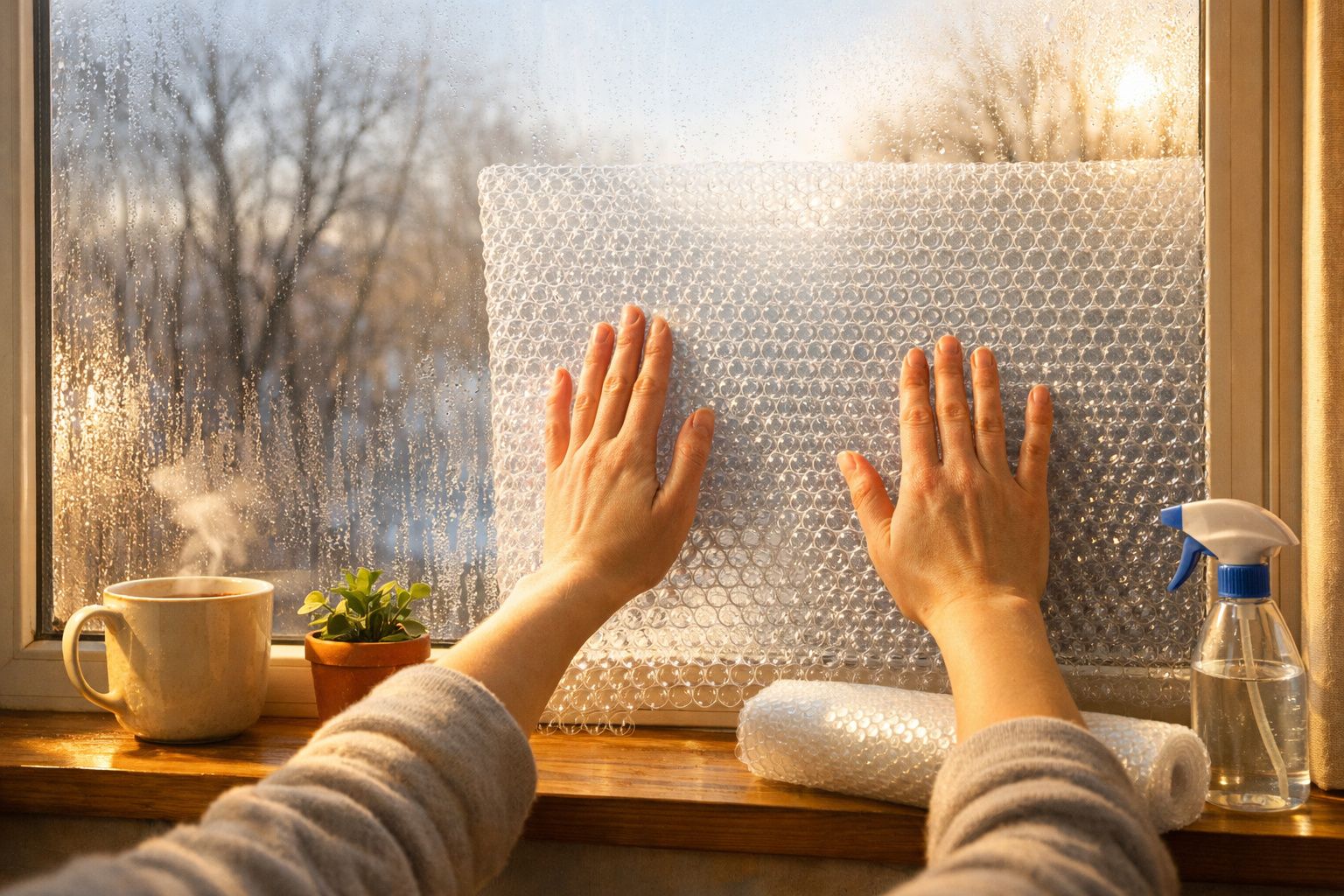 Mãos aplicam uma película bolha protetora numa janela húmida ao amanhecer, com uma caneca, planta e pulverizador na borda.
