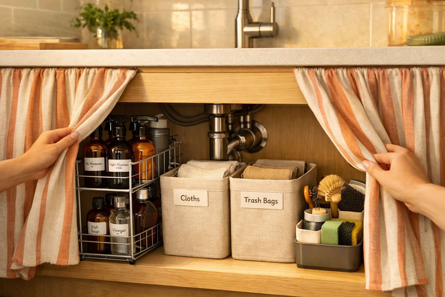 Mãos a abrir cortinas debaixo da pia revelando organização com frascos, panos e saco de lixo.
