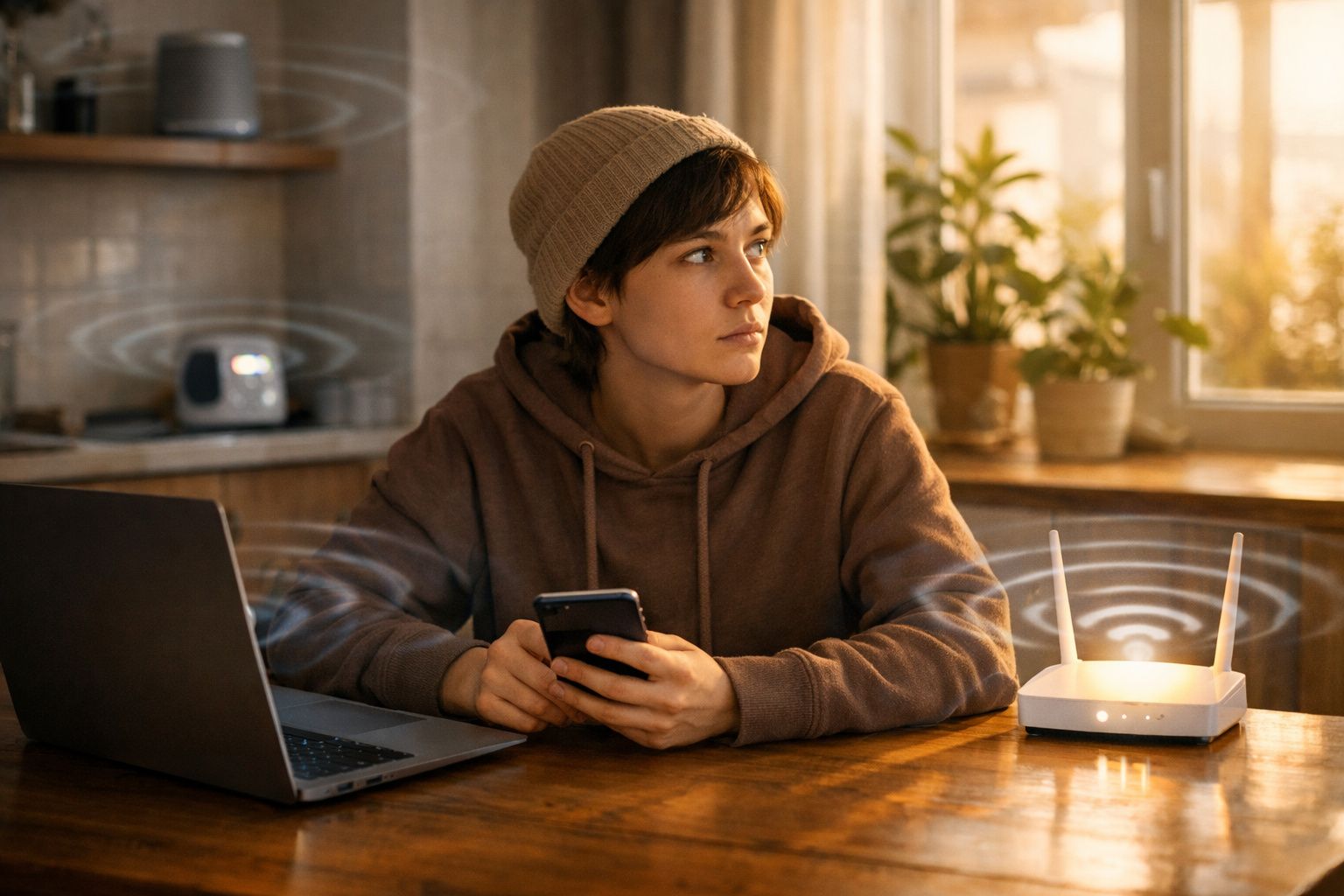 Pessoa jovem com gorro e hoodie castanho sentada à mesa com portátil, telemóvel na mão e router Wi-Fi ligado à sua frente.