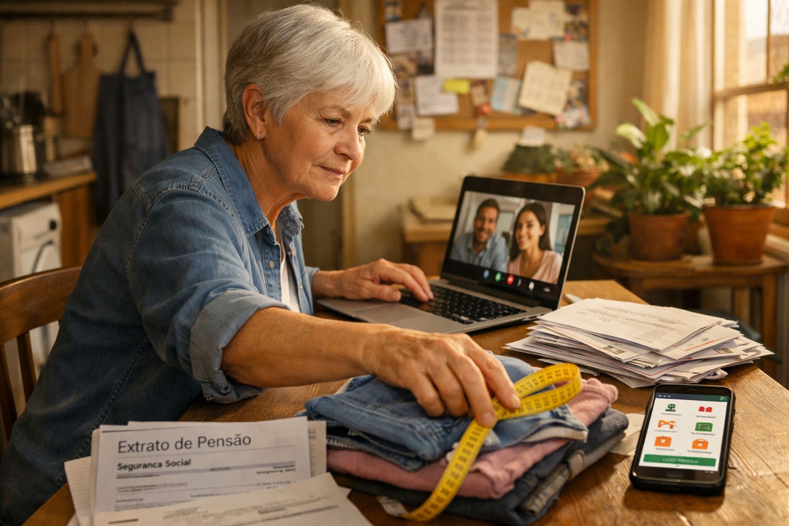 Mulher sénior mede roupa com fita métrica, ao lado de documentos e vídeo chamada num computador portátil.