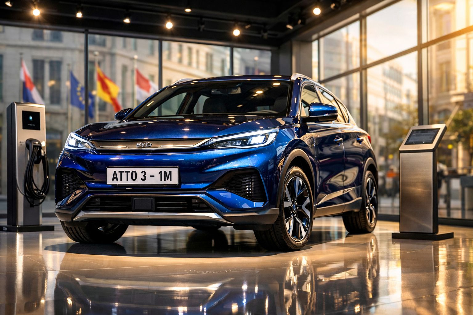 Carro elétrico azul BYD Atto 3 em exposição junto a posto de carregamento num showroom iluminado.