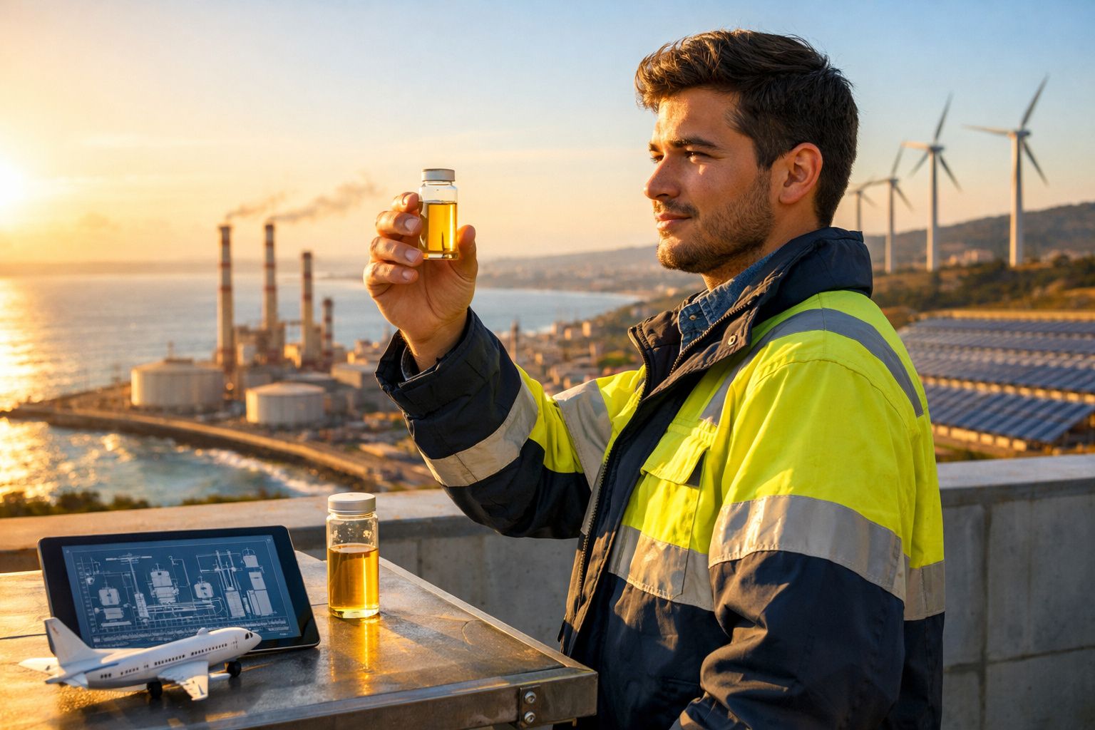 Engenheiro com colete refletor examina amostra de líquido, com usina, painéis solares e turbinas eólicas ao fundo.