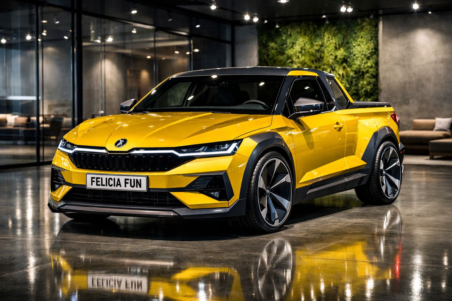 Carro pick-up amarelo moderno com design aerodinâmico em interior contemporâneo.