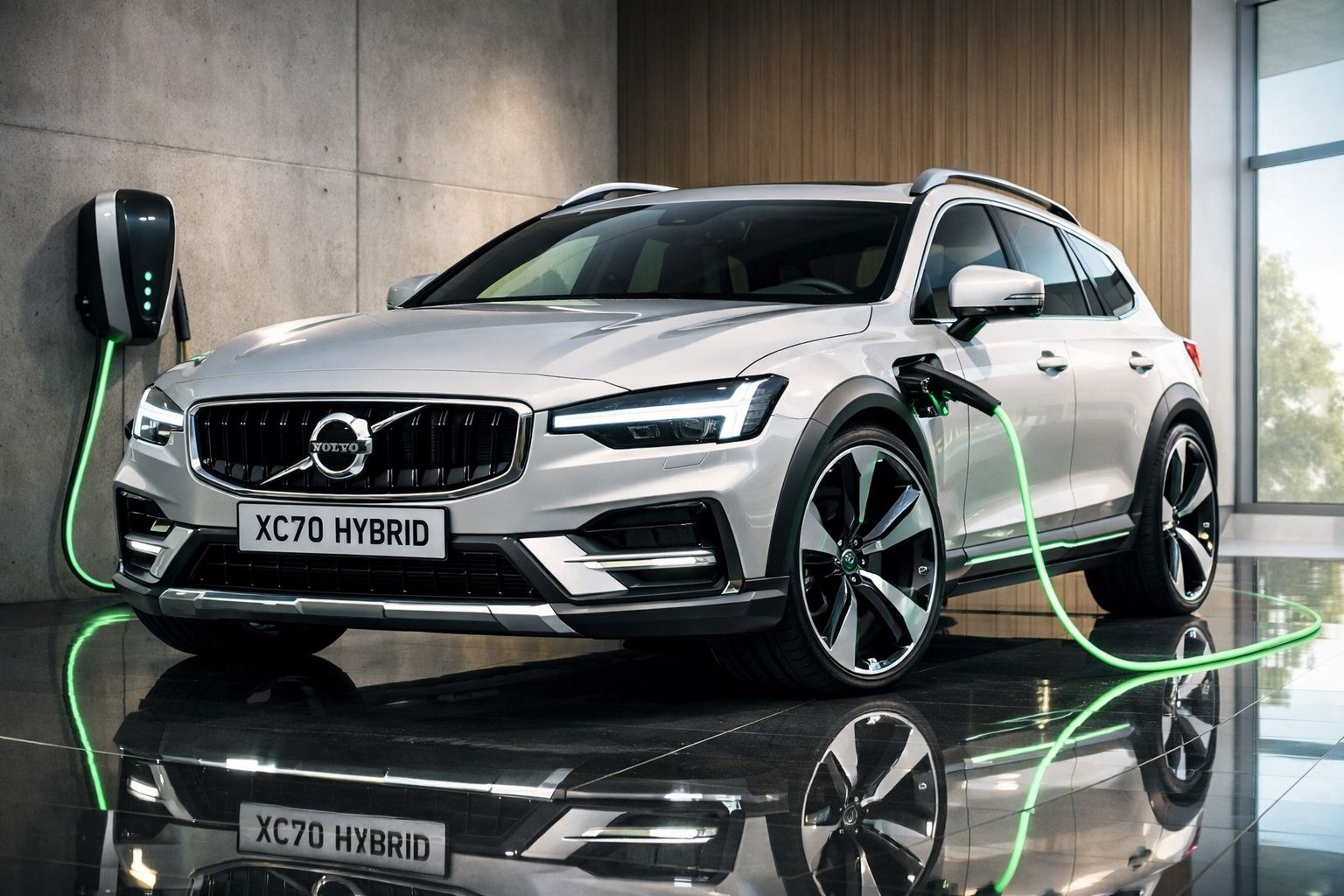 Carro híbrido Volvo XC70 branco a carregar numa estação elétrica interior moderna.