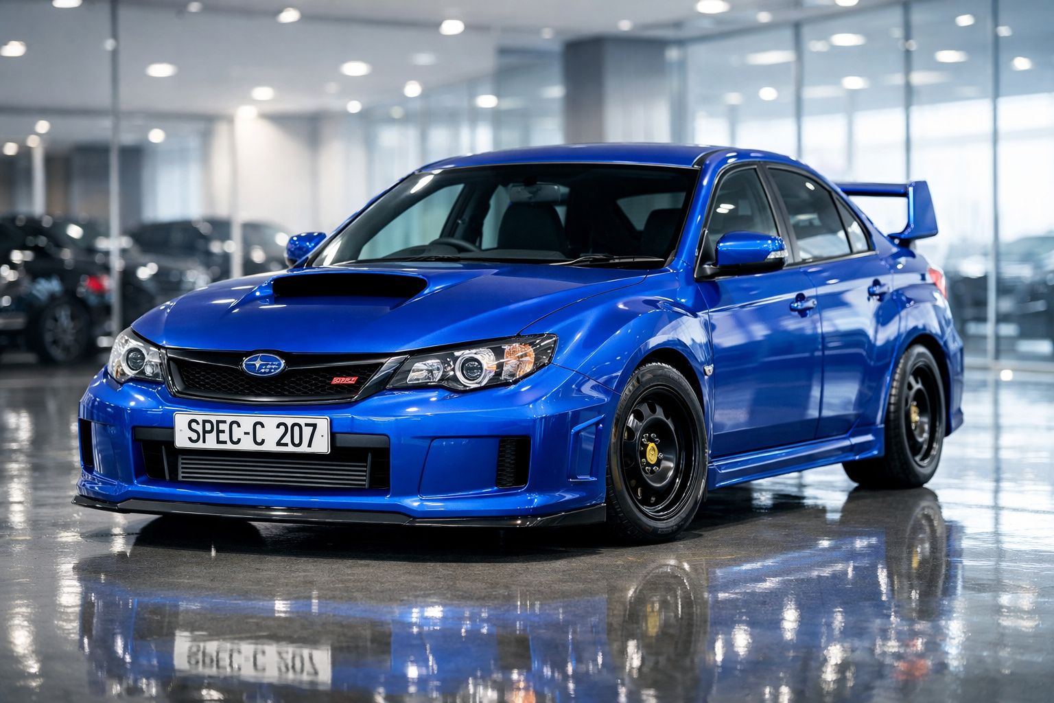 Carro desportivo azul Subaru Impreza WRX STi estacionado num piso brilhante interior.