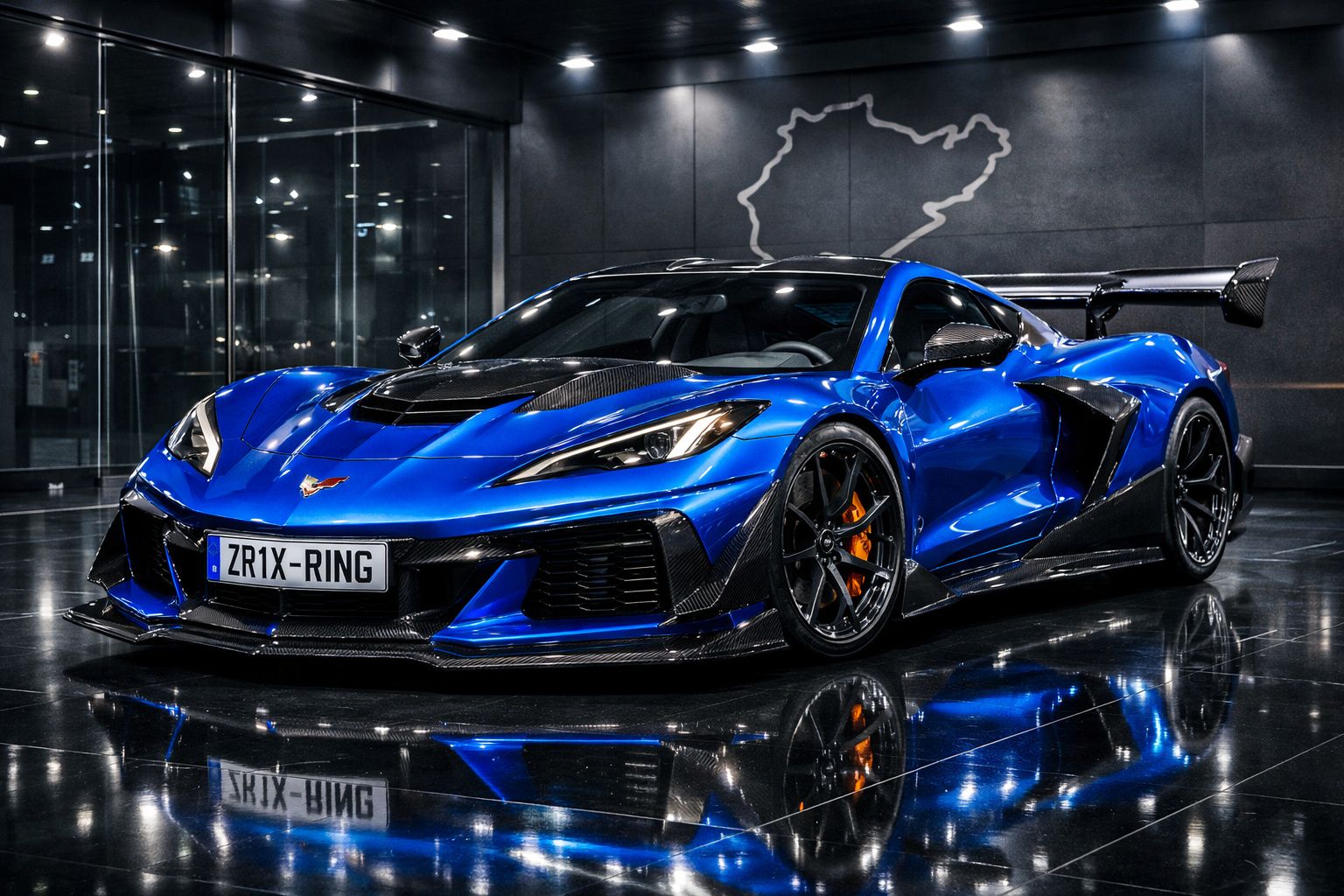 Carro desportivo azul com detalhes em preto e placa personalizada ZR1X-RING em exposição interior.