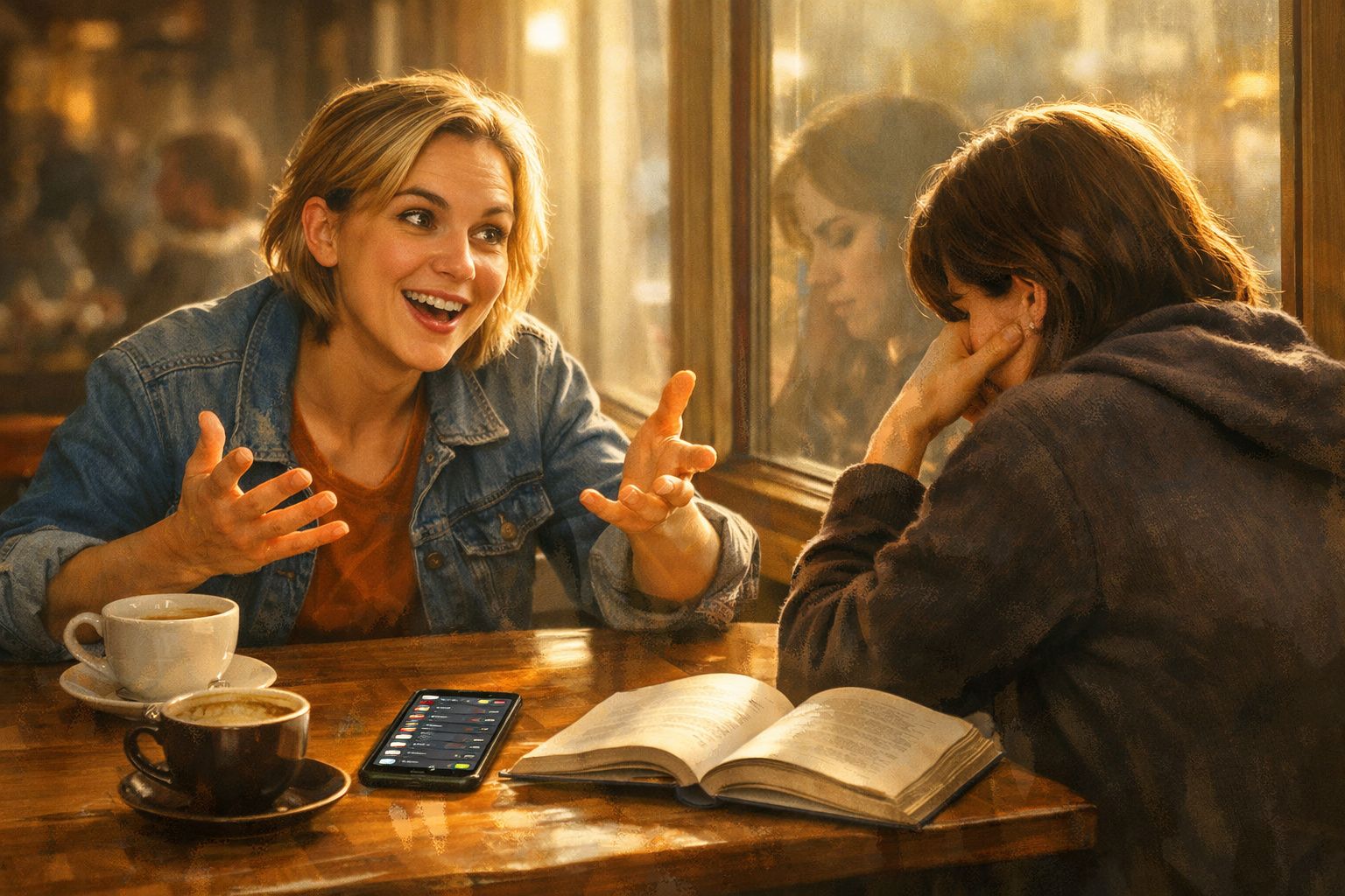 Duas mulheres conversam num café, com livro aberto e telemóvel na mesa, ambiente acolhedor e luz suave.