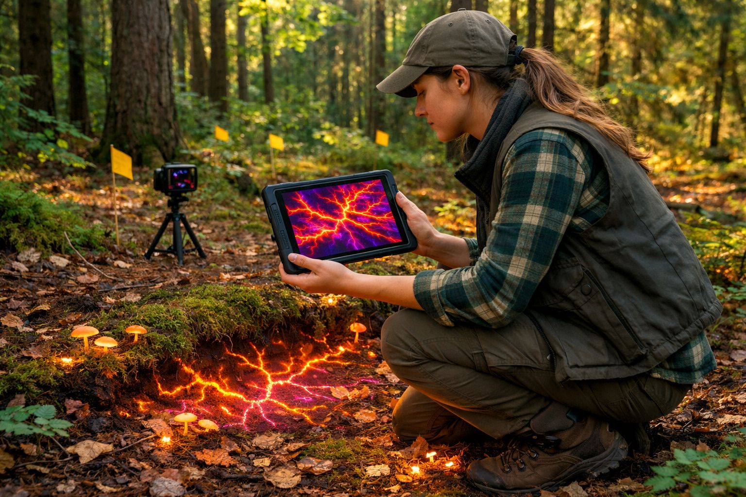 Mulher em floresta analisa padrão elétrico numa área de solo com cogumelos, usando tablet e câmara.