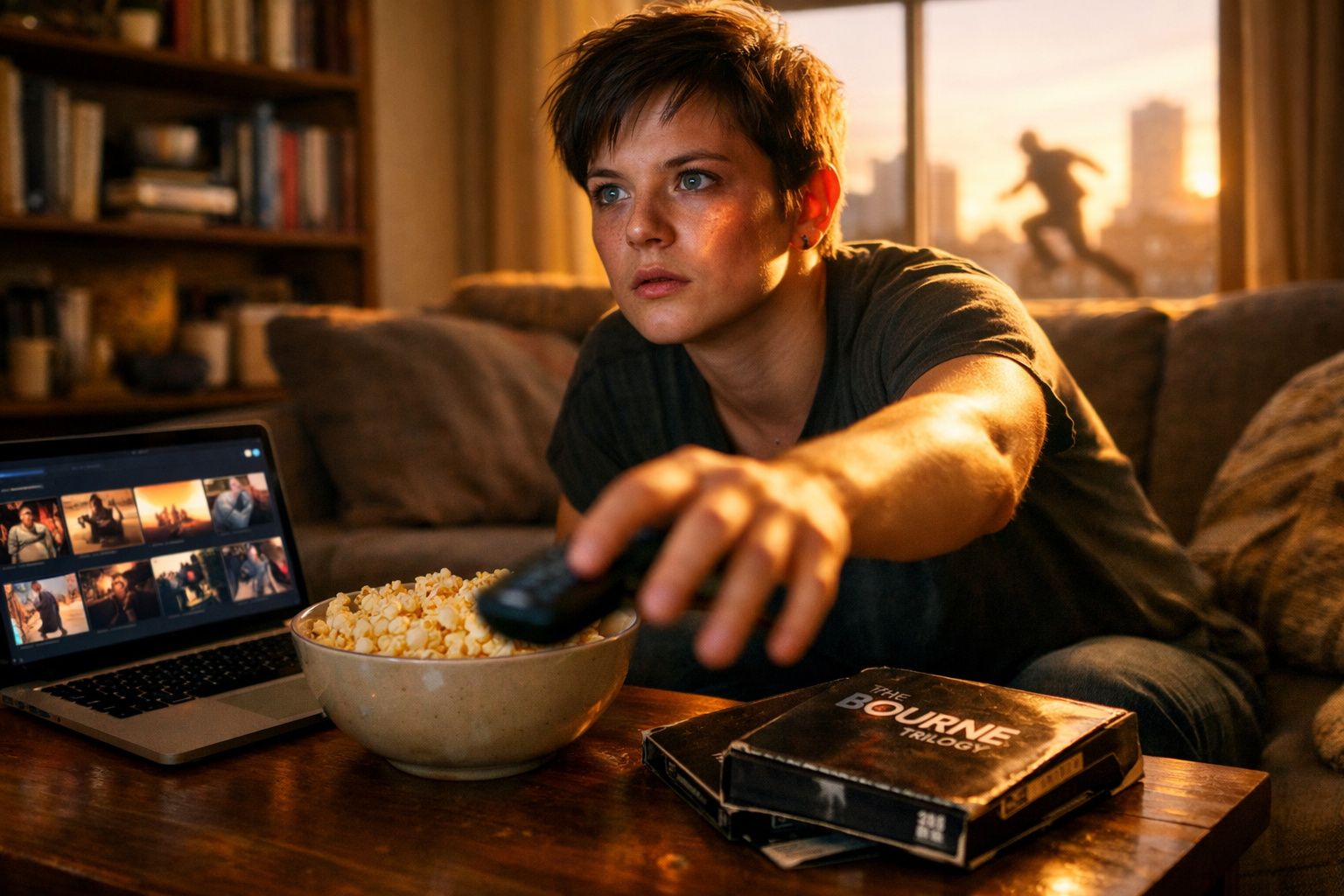 Pessoa jovem a pegar comando à frente de taça de pipocas com computador e caixas de DVD na mesa.