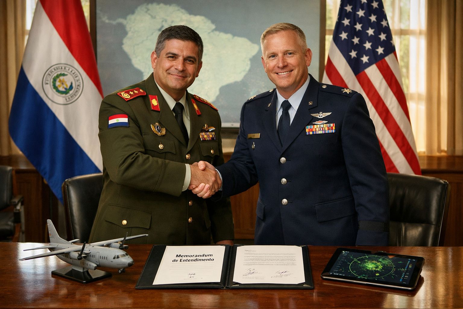 Dois militares apertam as mãos diante de um memorando, com bandeiras do Paraguai e EUA ao fundo.