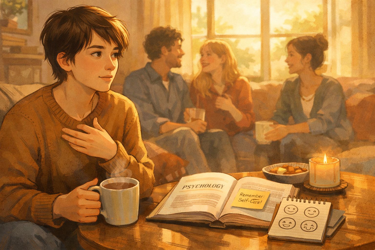 Pessoa sentada com chá, livros e caderno, enquanto outras três pessoas conversam num ambiente acolhedor e iluminado.