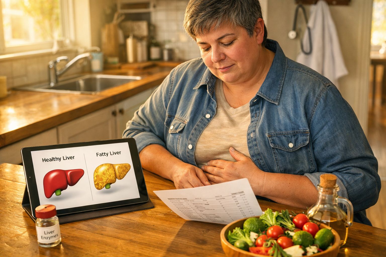 Mulher sentada à mesa a analisar resultados médicos com imagem de fígado saudável e gorduroso num tablet.