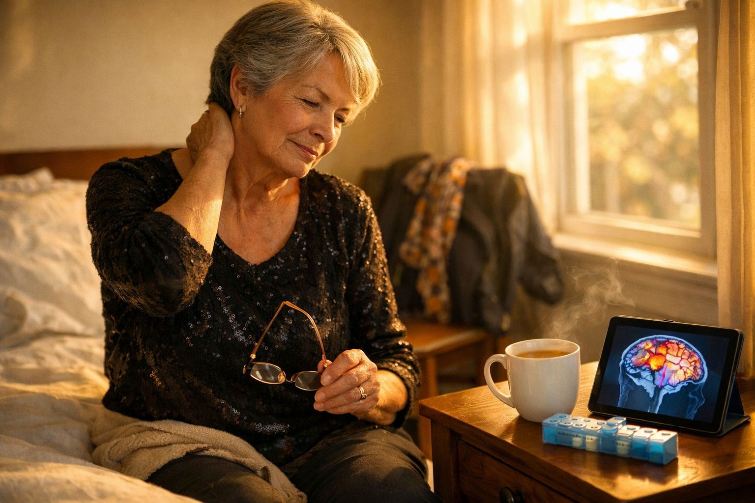 Mulher sénior sentada na cama, a massagear o pescoço, com tablet a mostrar cérebro e medicamentos na mesa.