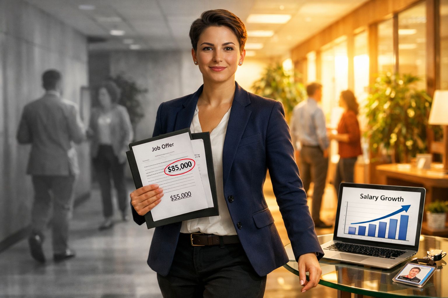 Mulher segura oferta de emprego com salário destacado e gráfico de crescimento salarial em laptop.