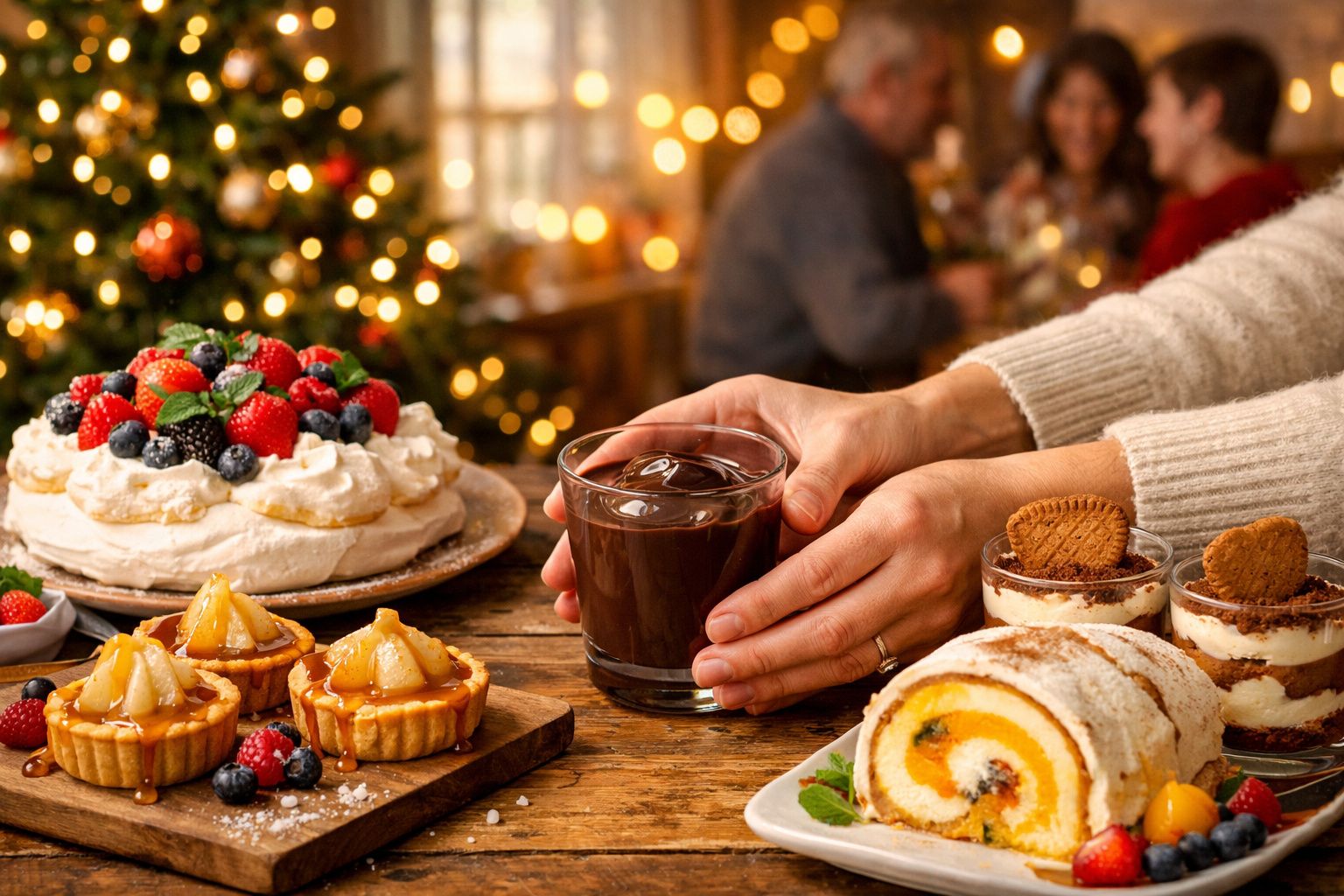 Mesa com várias sobremesas festivas e mãos a segurar um copo de chocolate quente, com árvore de Natal ao fundo.