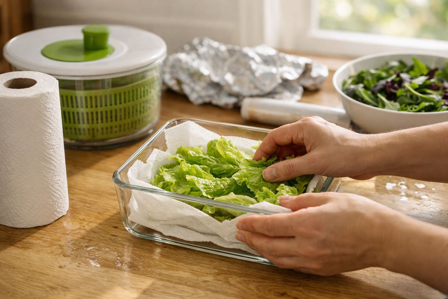 Mãos a preparar alfaces frescas num recipiente de vidro com papel absorvente numa cozinha iluminada.