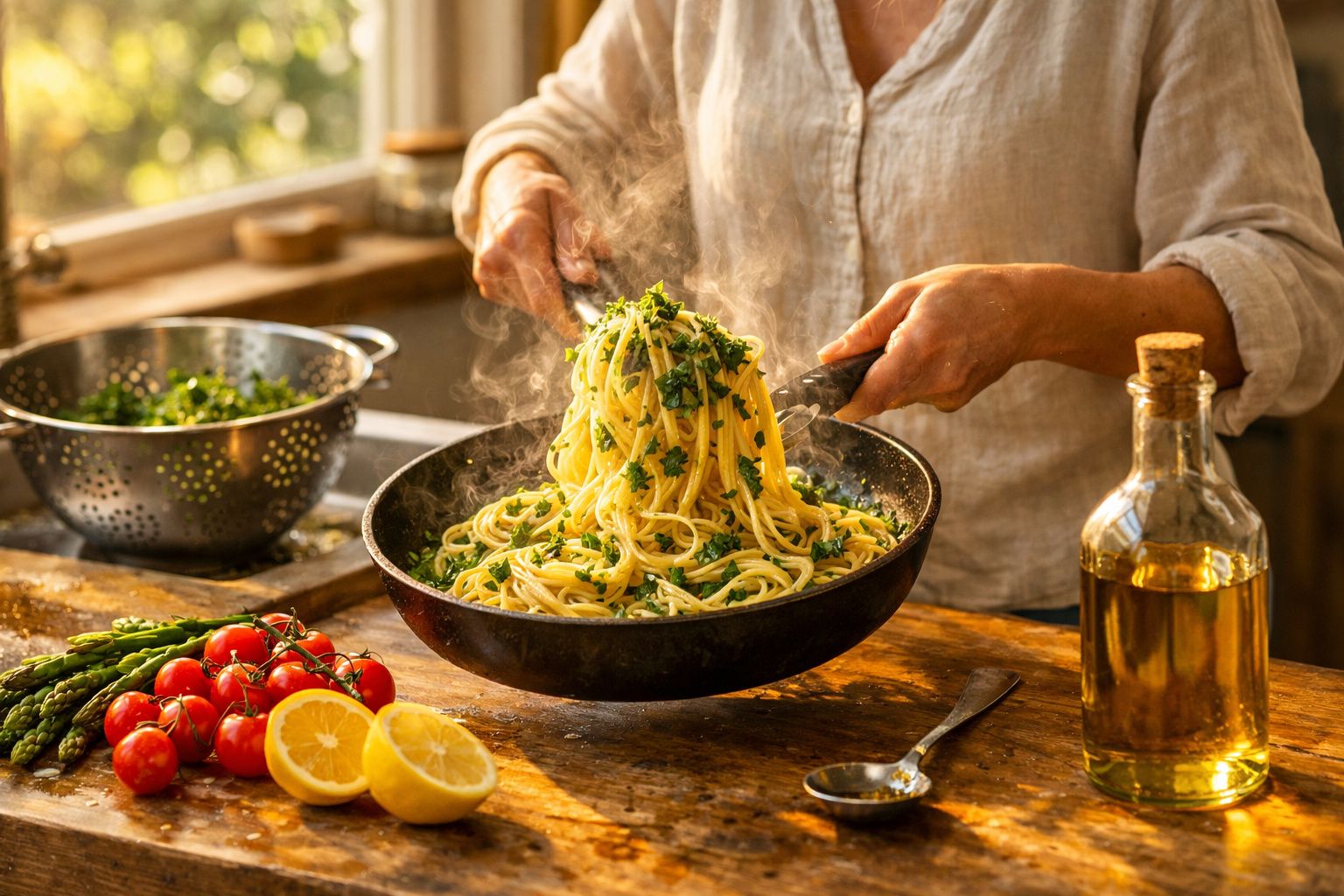 Pessoa a servir esparguete com ervas num tacho, com limão, tomates, espargos e azeite numa mesa de madeira.