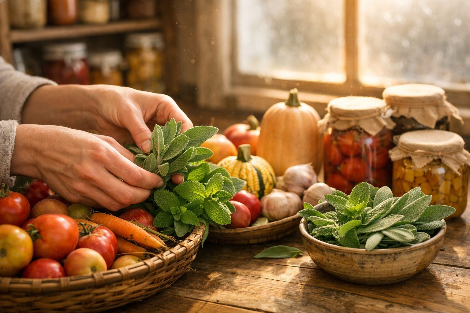 Mãos seguram ervas frescas sobre mesa com legumes, abóboras e frascos de conserva iluminada por luz natural.