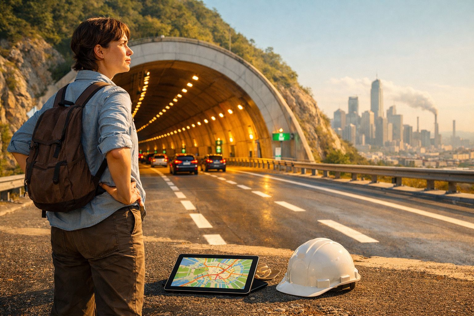 Mulher com mochila observa túnel rodoviário enquanto tablet com mapa e capacete estão no chão.