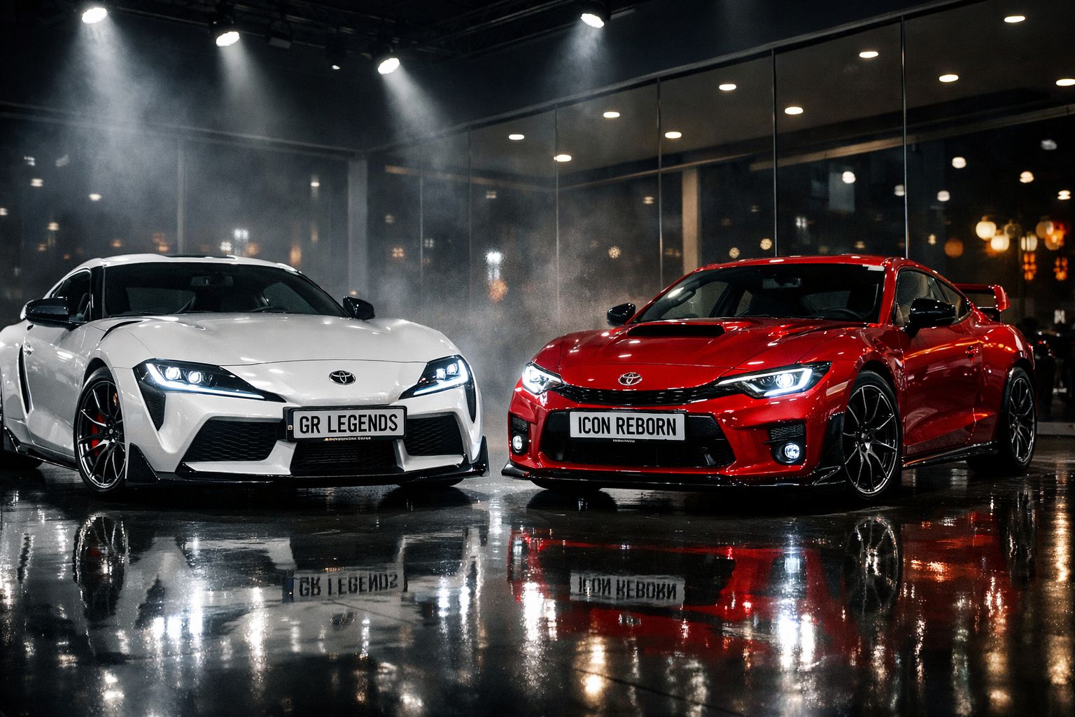 Dois carros desportivos Toyota, um branco com matrícula "GR LEGENDS" e um vermelho com matrícula "ICON REBORN", estacionados 