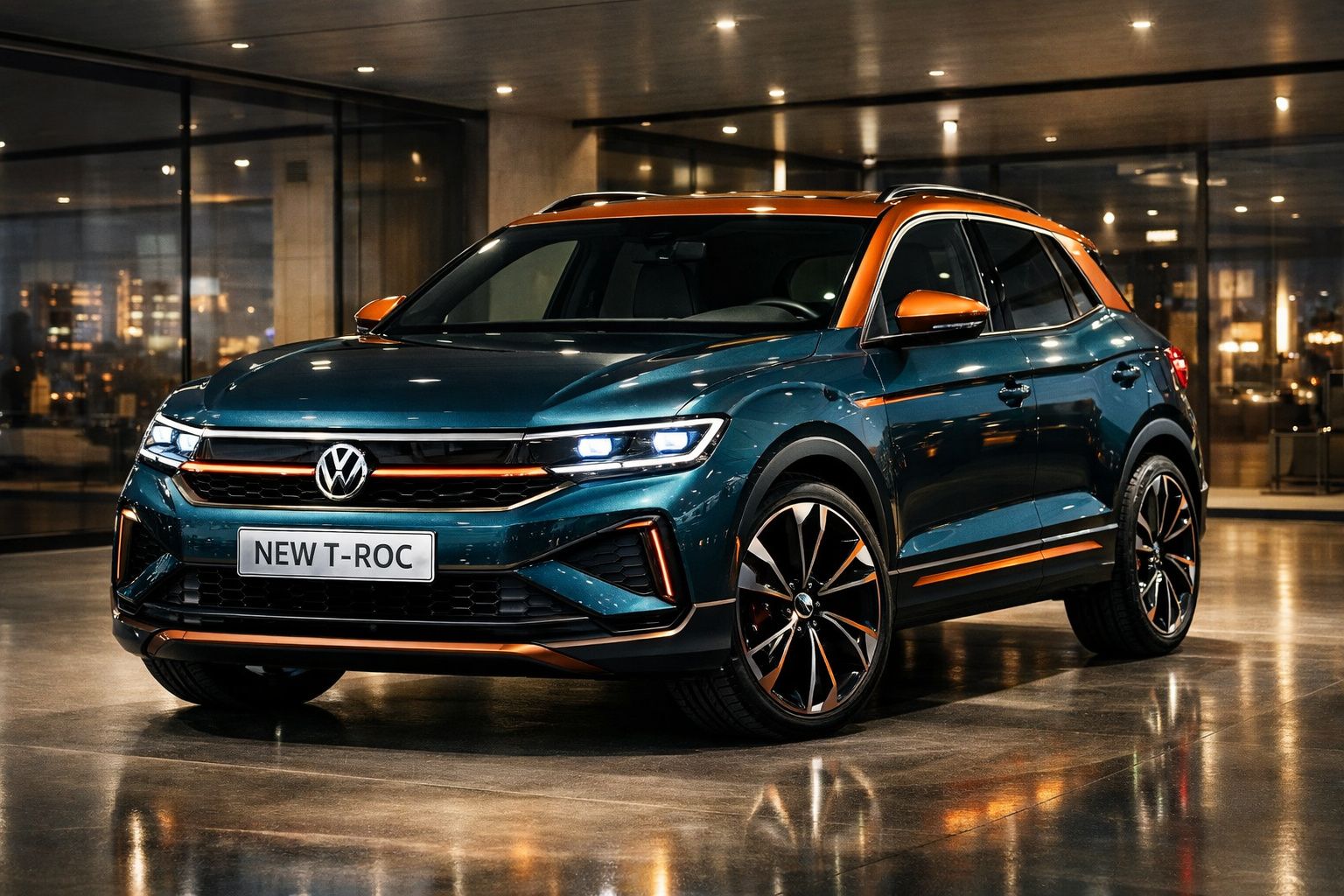 Volkswagen New T-Roc azul com detalhes laranja em ambiente urbano interior iluminado.