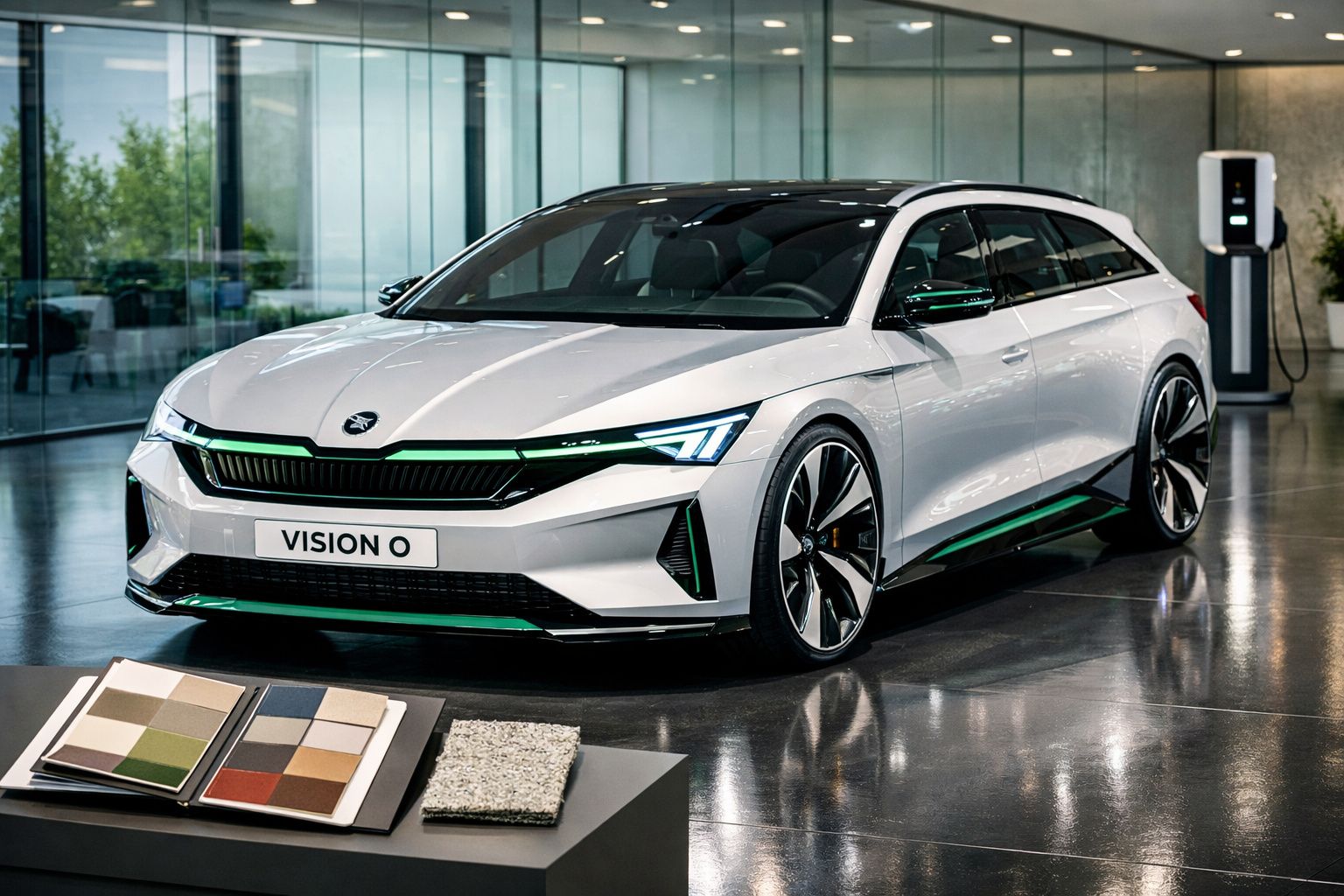 Carro elétrico futurista branco Vision O estacionado num espaço moderno e iluminado.