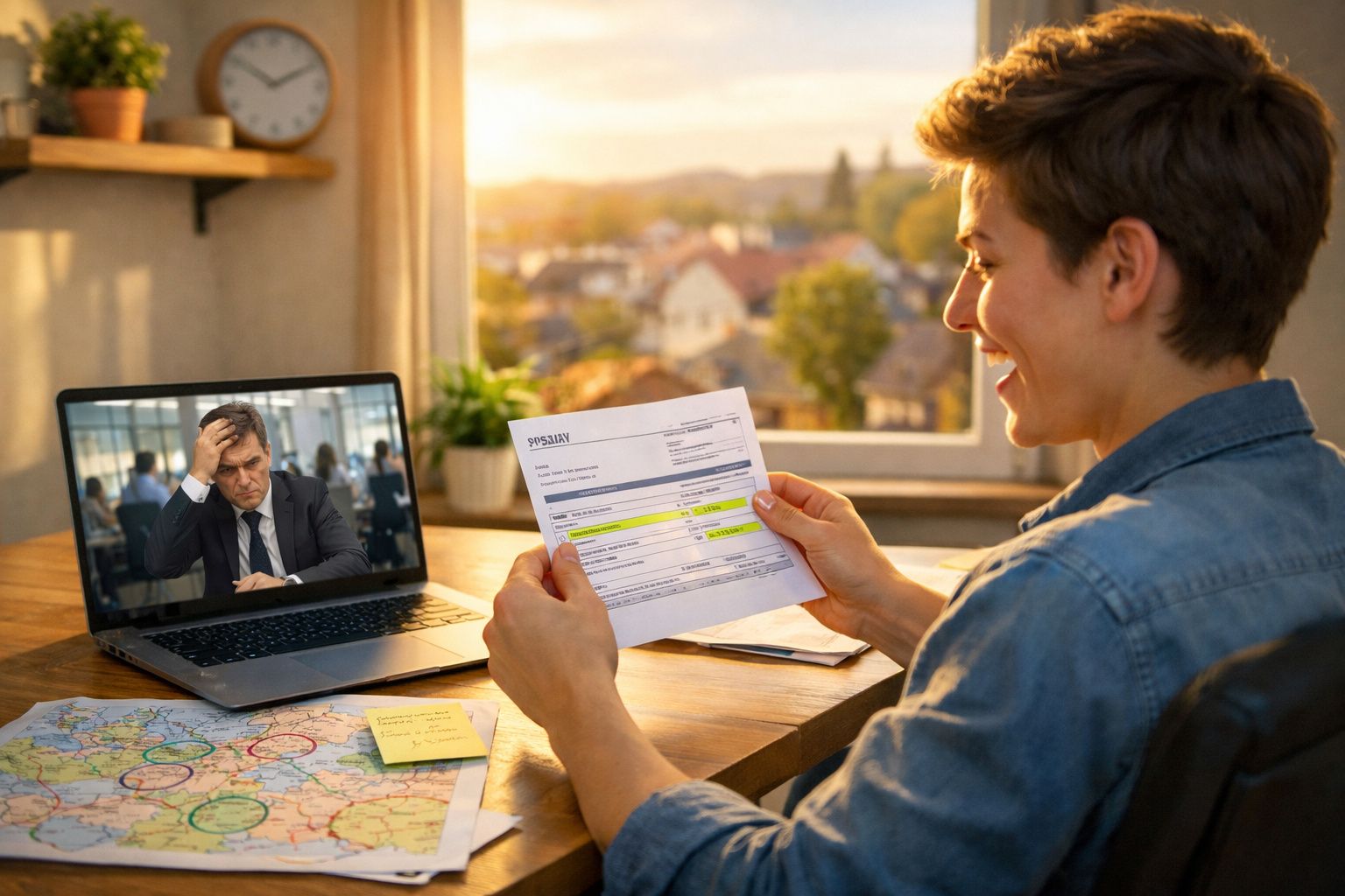 Pessoa alegre lê factura destacada enquanto faz videoconferência com homem preocupado no portátil.