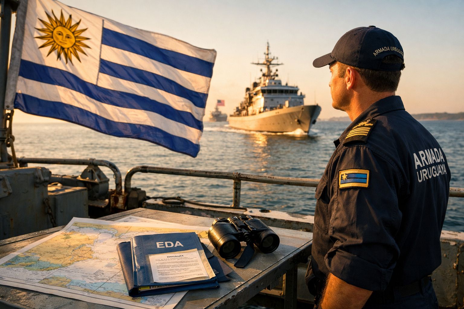 Marinheiro da Armada Uruguaia observa navios ao pôr do sol com bandeira do Uruguai e equipamentos náuticos à frente.