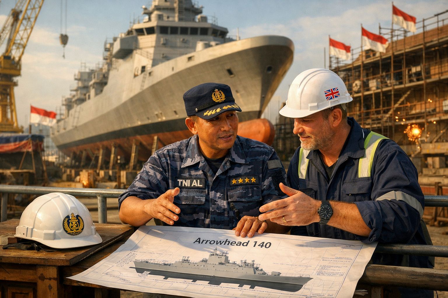 Dois homens com capacetes e roupa de trabalho analisam planta de navio num estaleiro naval com navio em fundo.