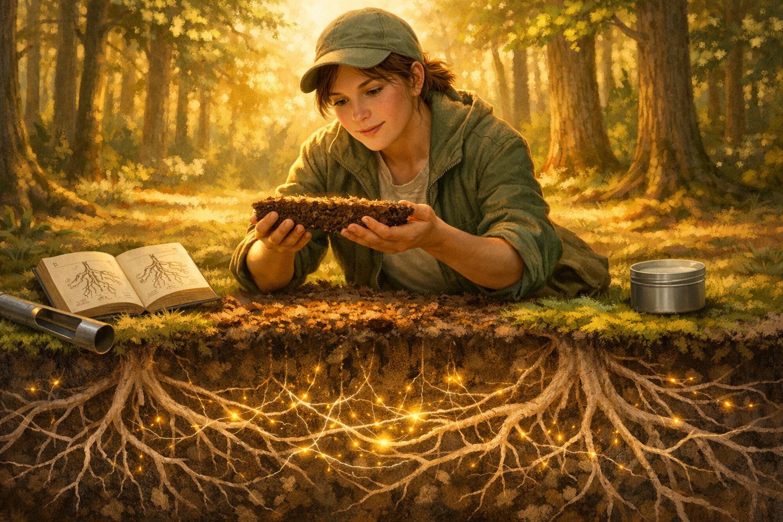Mulher estuda amostra de solo numa floresta, com raízes iluminadas e livro aberto ao lado.