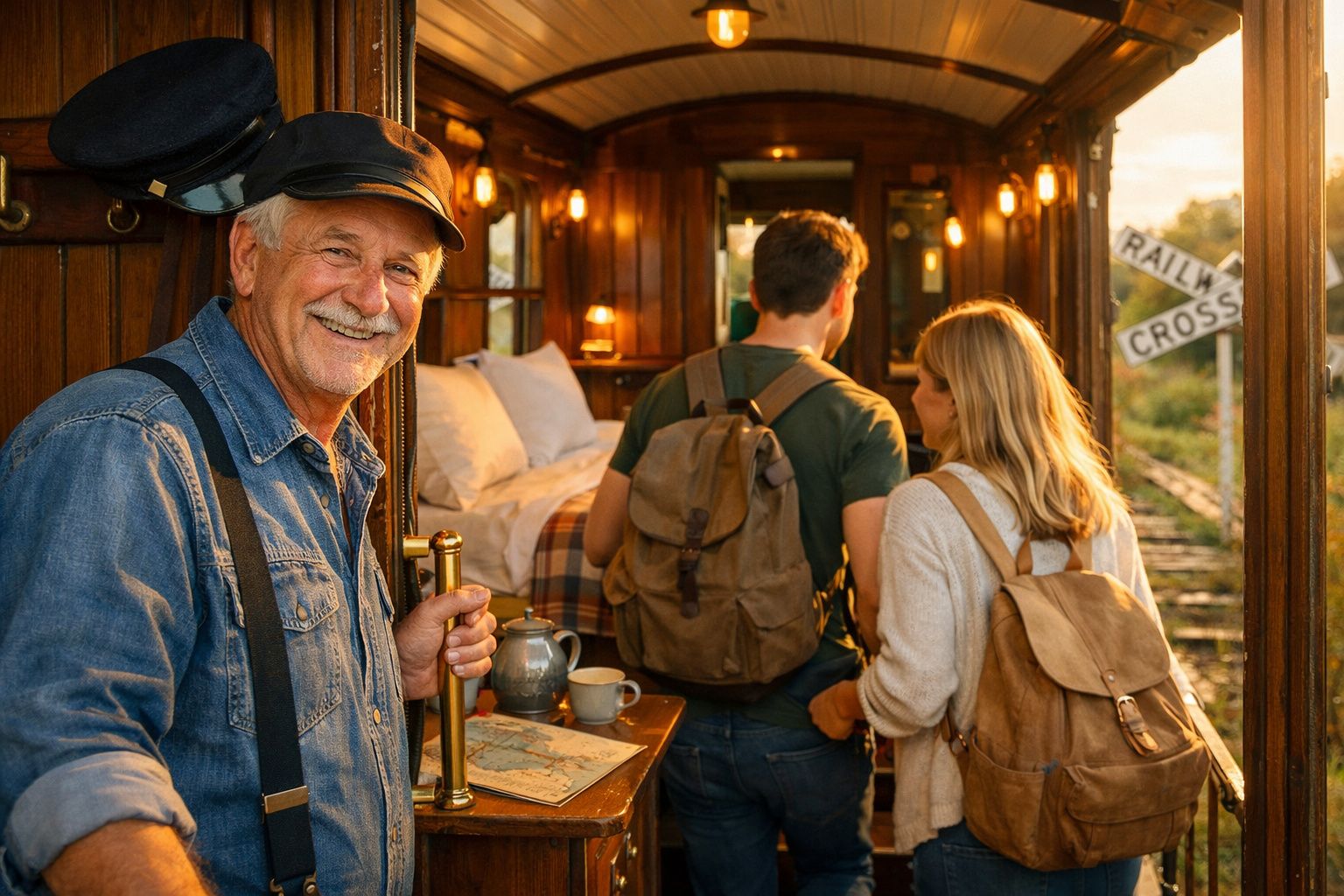 Homem idoso a sorrir dentro de um comboio vintage com casal de turistas a entrar no compartimento.