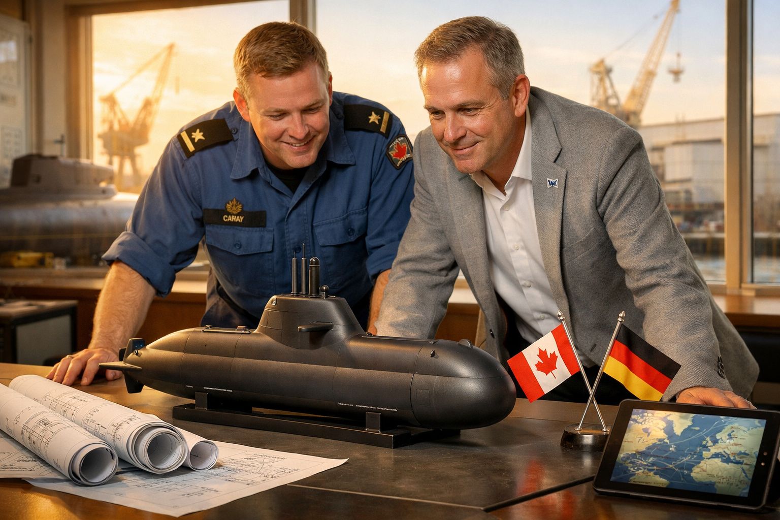 Dois homens analisam modelo de submarino em mesa com bandeiras do Canadá e Alemanha, plantas e tablet com mapa.
