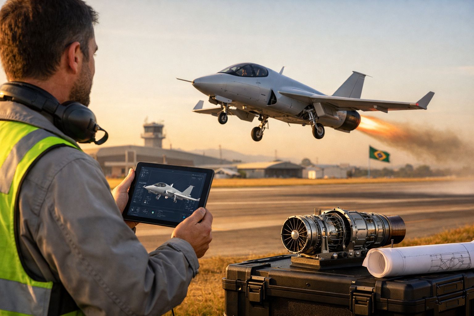 Homem com tablet controla decolagem de jato militar em pista, com motor a jato visível e bandeira do Brasil ao fundo.