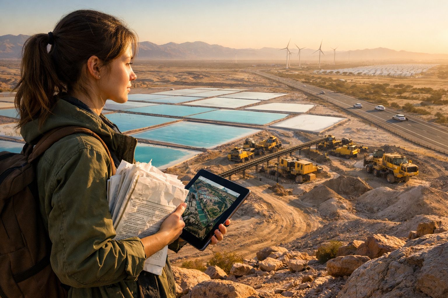 Mulher com mochila segura documentos e tablet, observa obra com máquinas, represas e aerogeradores ao pôr do sol.