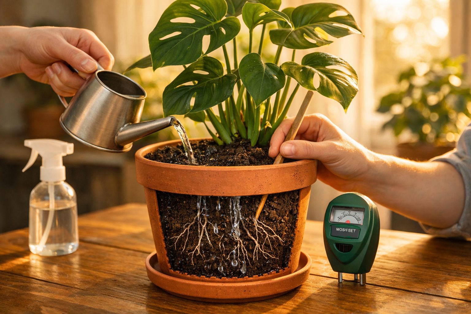 Pessoa a regar planta em vaso com regador, com medidor de humidade e pulverizador ao lado.