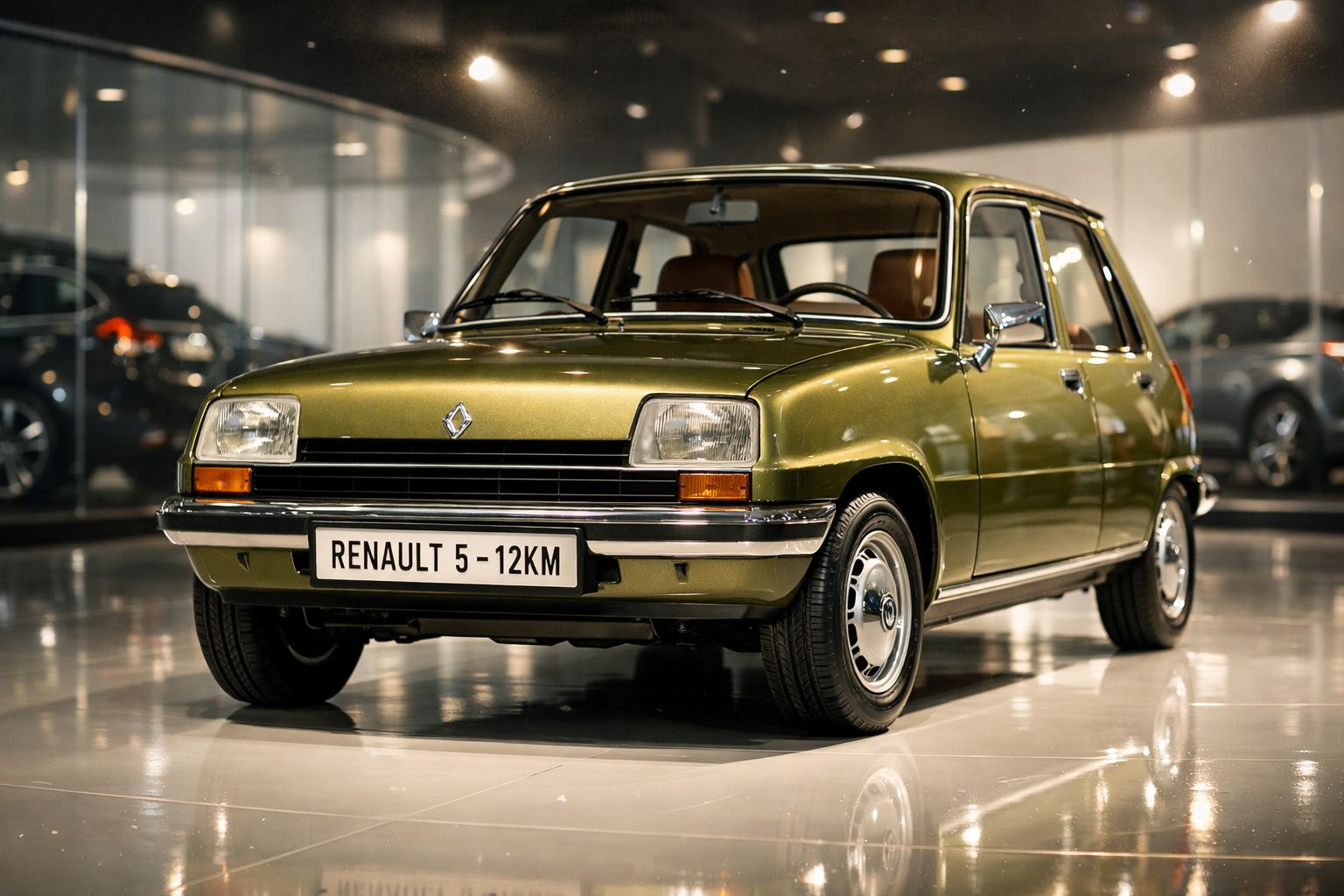 Carro clássico Renault 5 verde metálico em exposição num espaço moderno e iluminado.