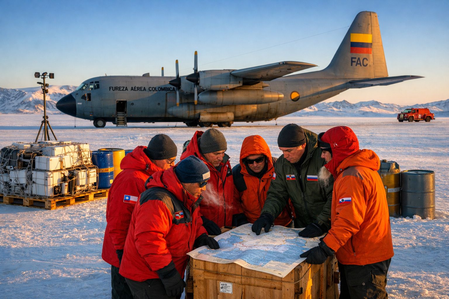 Equipa de cientistas com roupas quentes a analisar mapa em depósito gelado com avião militar ao fundo.