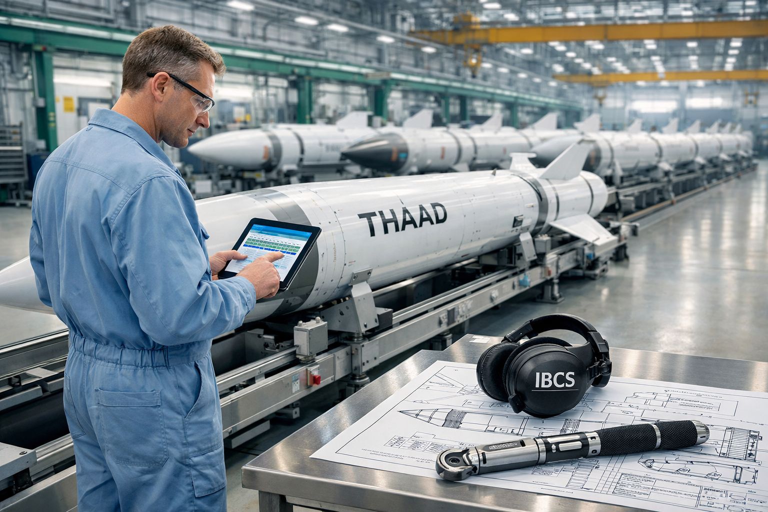 Homem com macacão azul usa tablet numa fábrica perto de mísseis THAAD alinhados para inspeção.