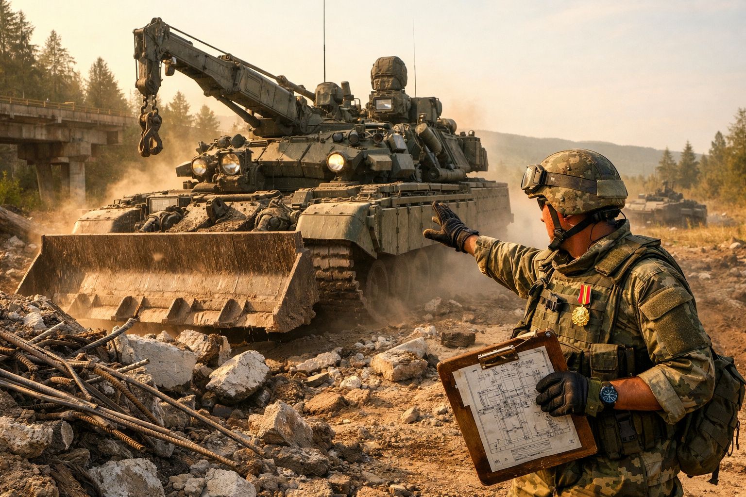 Soldado em uniforme militar guia tanque com guindaste e pá numa área de destroços ao ar livre ao pôr do sol.