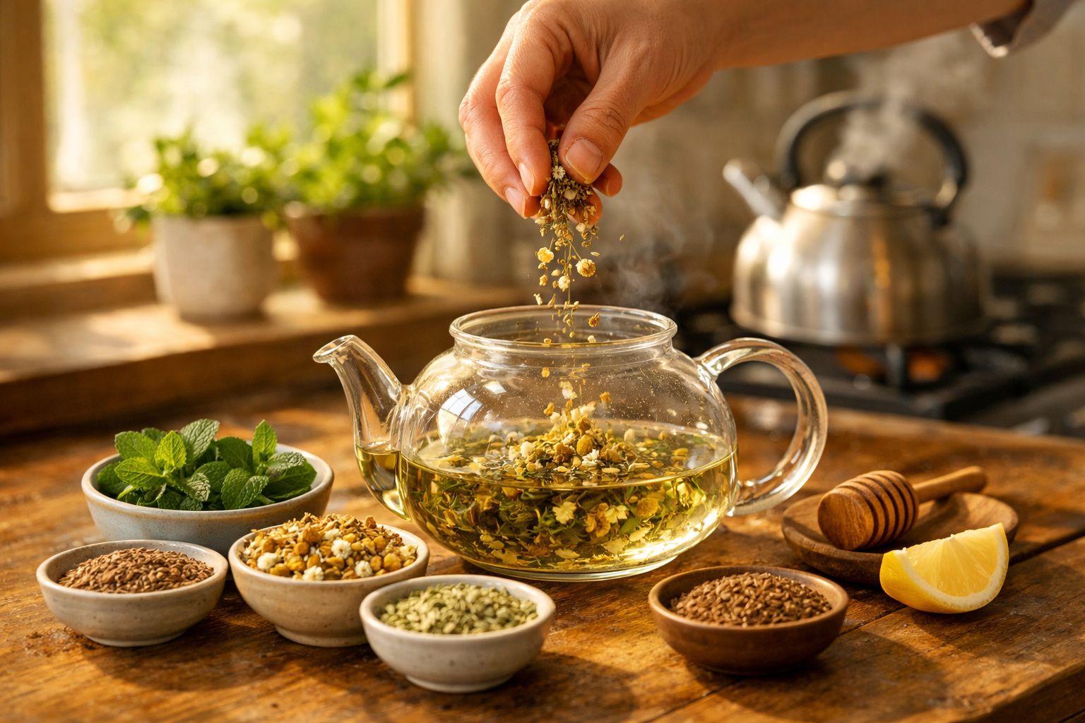 Mão a deitar flores secas numa chávena de vidro com chá, rodeada de várias ervas, mel e limão numa mesa de madeira.