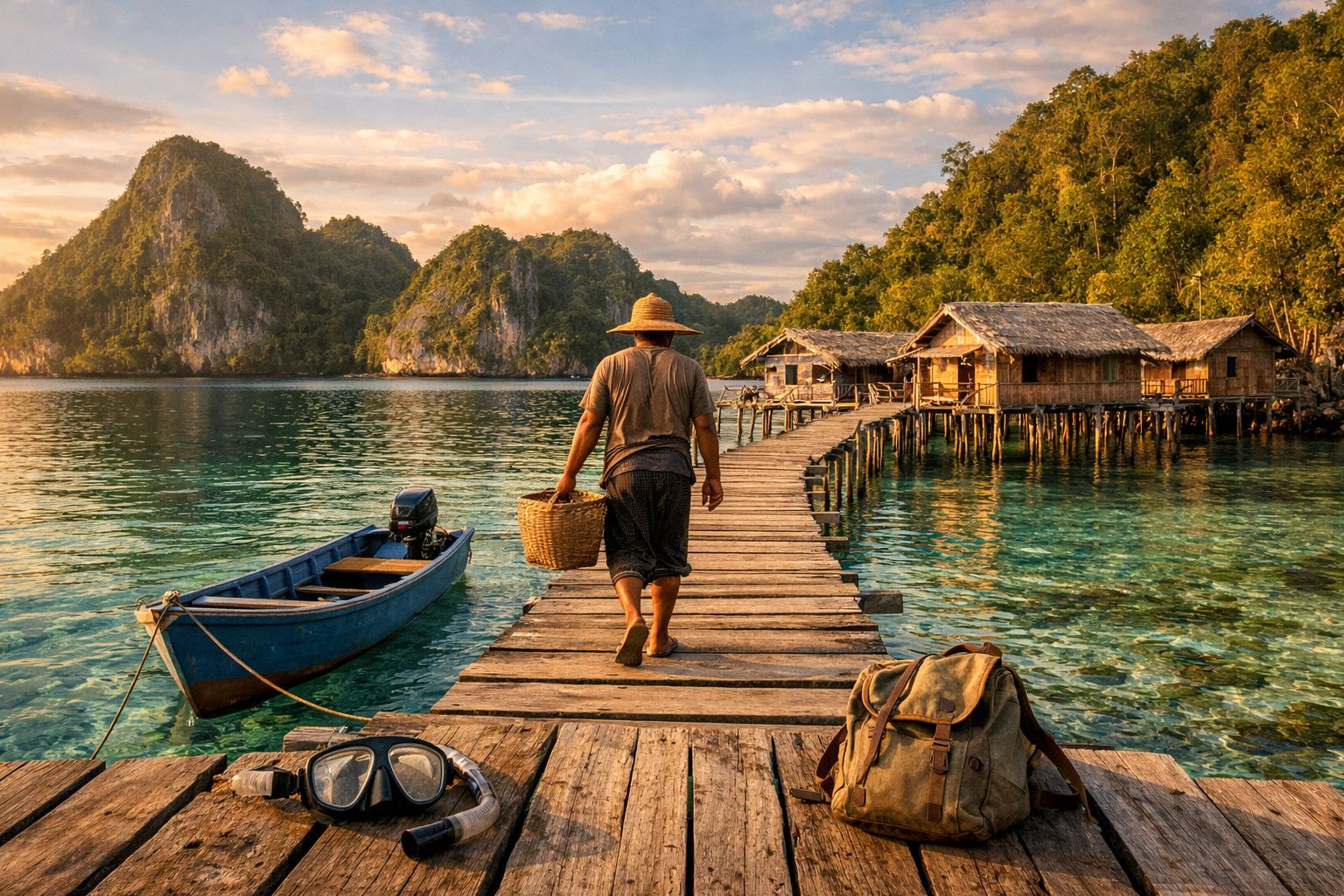 Homem com chapéu a caminhar numa passadeira de madeira sobre água transparente com barcos e cabanas sobre estacas ao fundo.