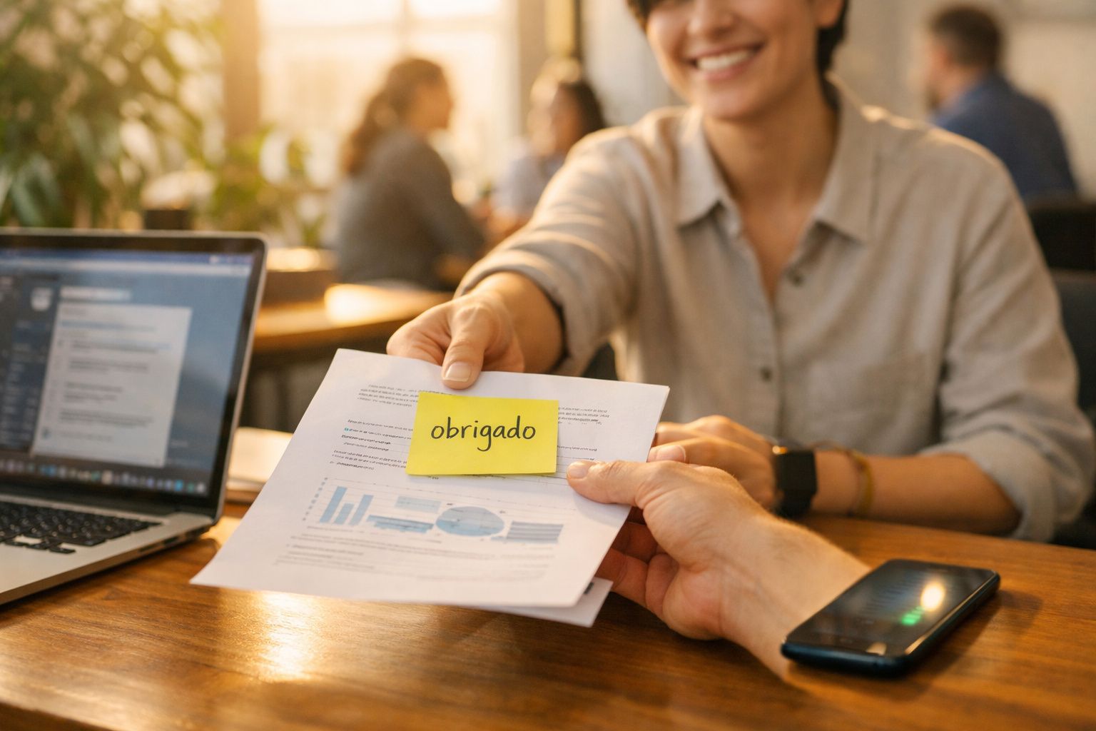 Pessoa a entregar documento com autocolante "obrigado" num escritório com computador portátil e telemóvel na mesa.