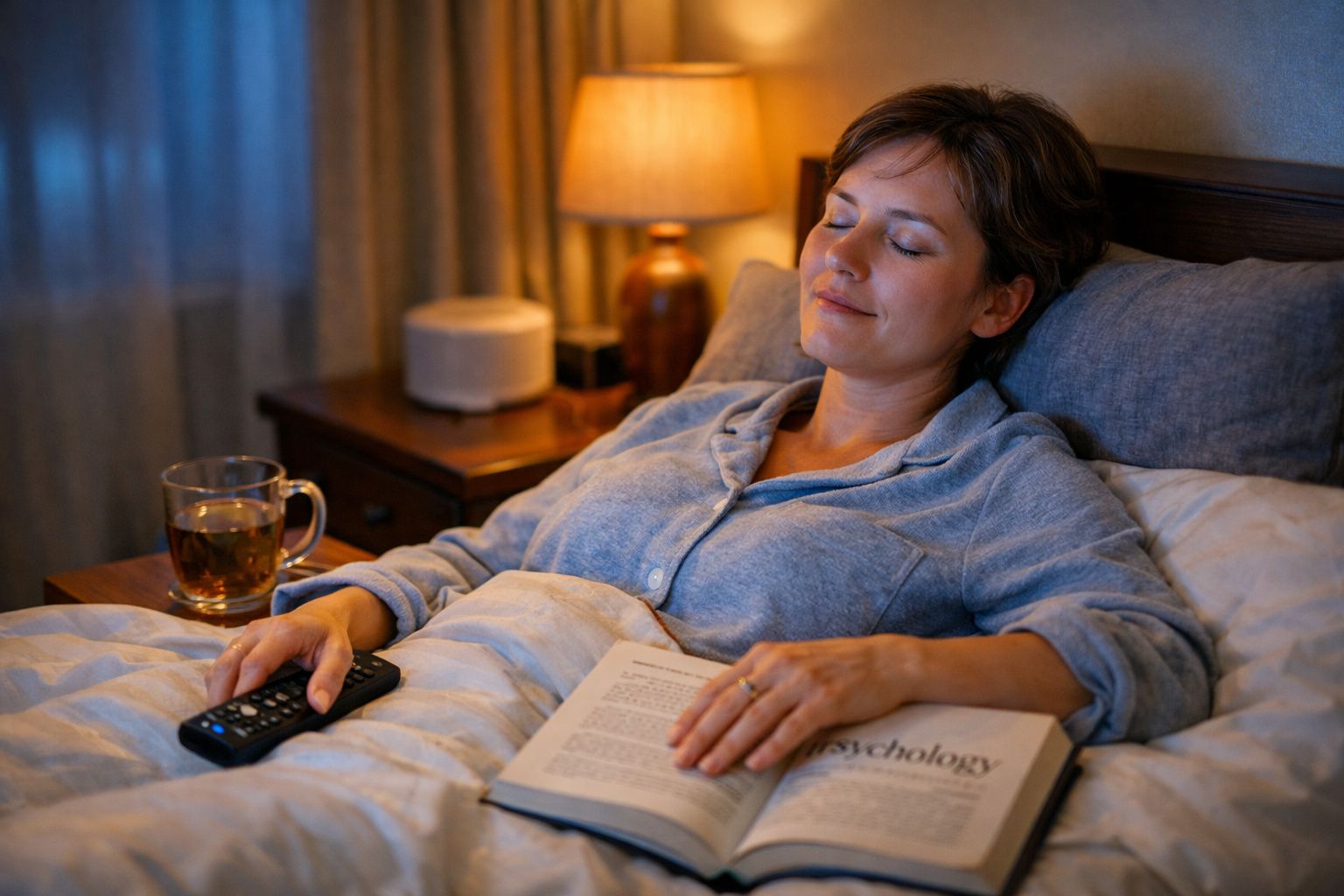 Mulher de pijama a relaxar na cama, com livro aberto, controlo remoto na mão e chá na mesa de cabeceira.