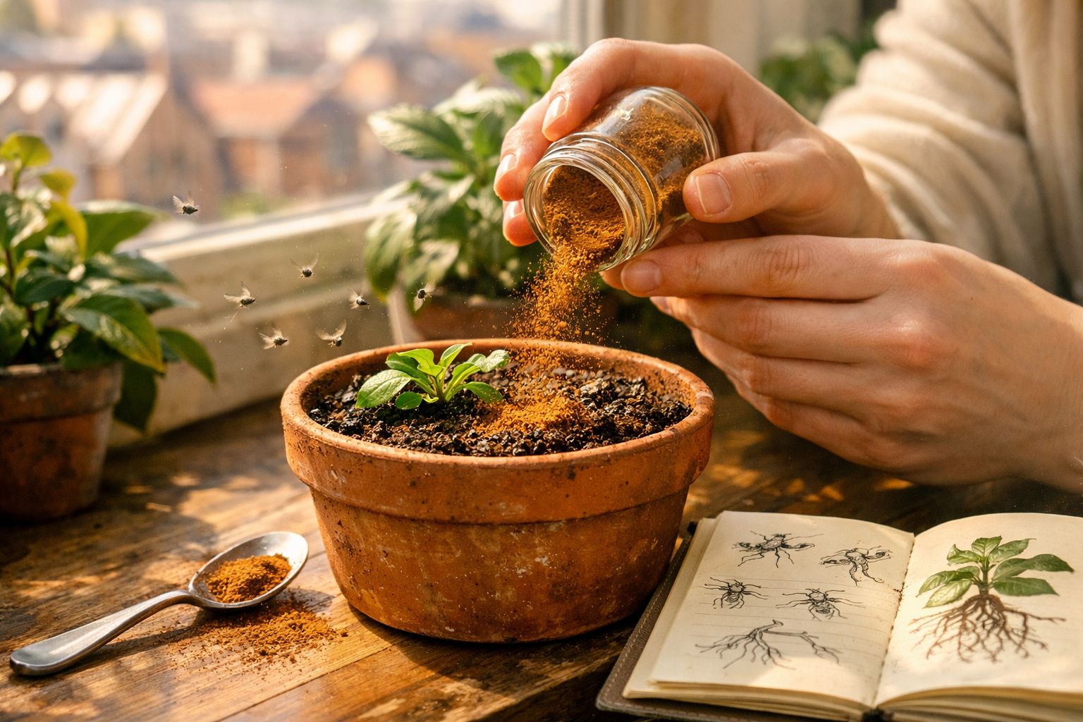 Pessoa a aplicar fertilizante em planta jovem num vaso de barro, com livro de botânica aberto ao lado.