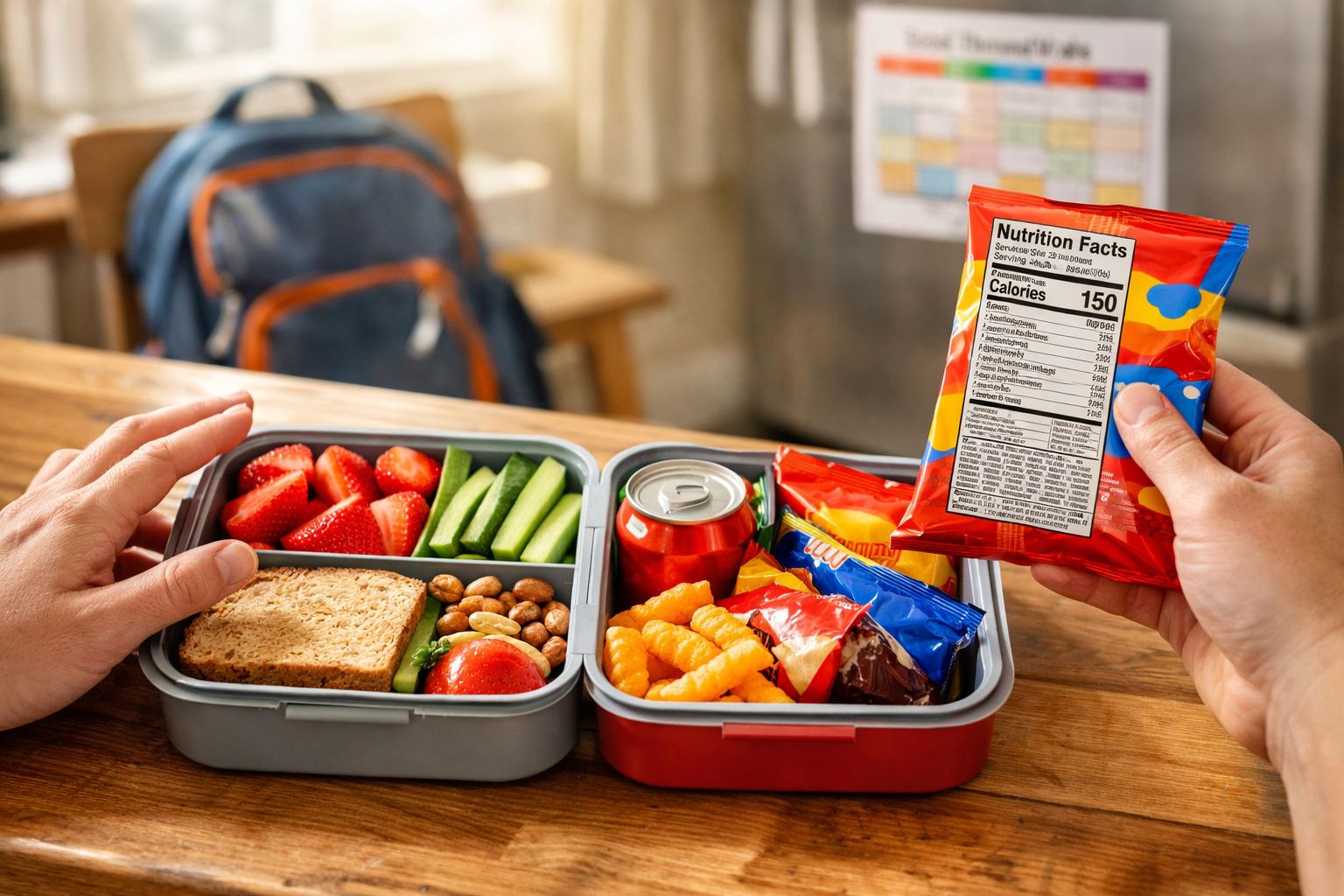 Marmita escolar com frutas, legumes, sanduíche, bolachas, refrigerante e snack com tabela nutricional.